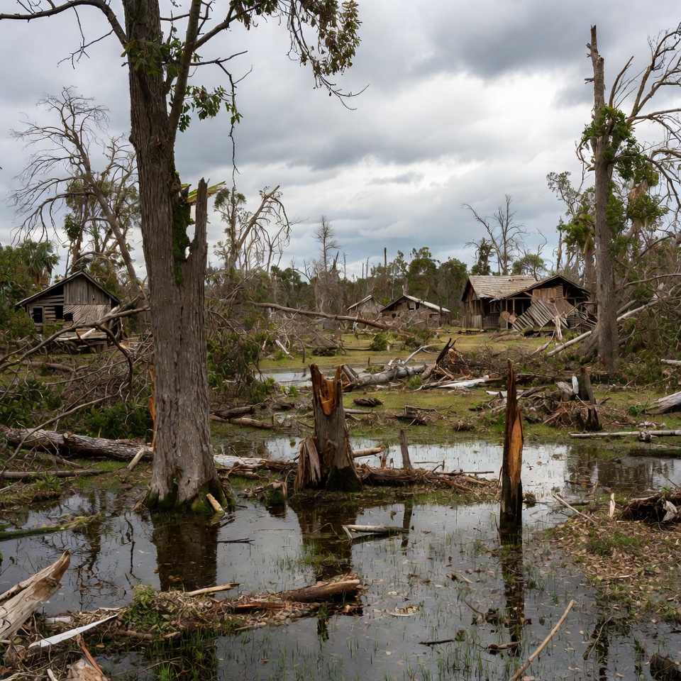 Hurricane-destroyed trees and houses Hurricane-destroyed trees and houses