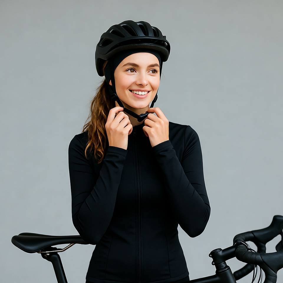 Woman adjusting helmet beside bike Woman adjusting helmet beside bike