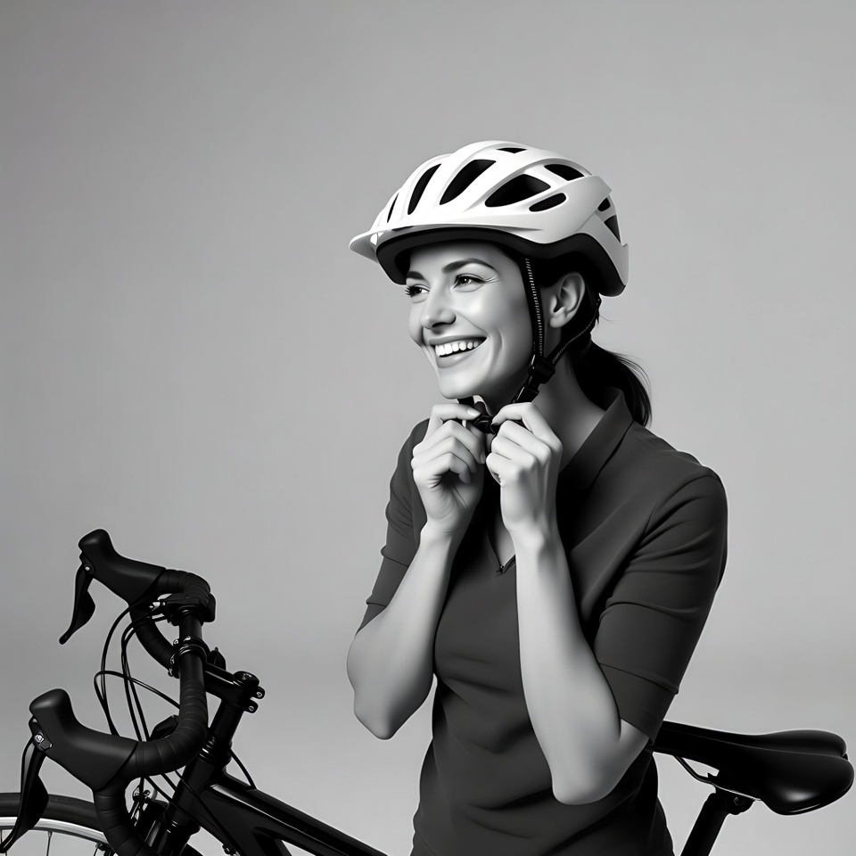 Woman smiling while wearing bike helmet Woman smiling while wearing bike helmet