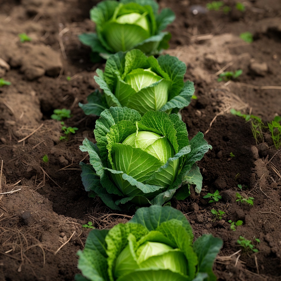 Row of fresh green cabbages in field Row of fresh green cabbages in field