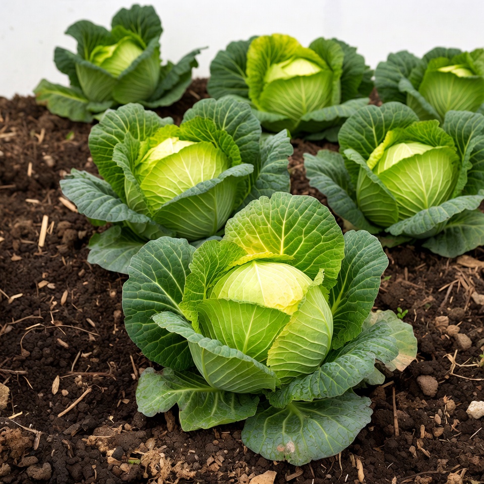 Fresh green cabbages in soil Fresh green cabbages in soil