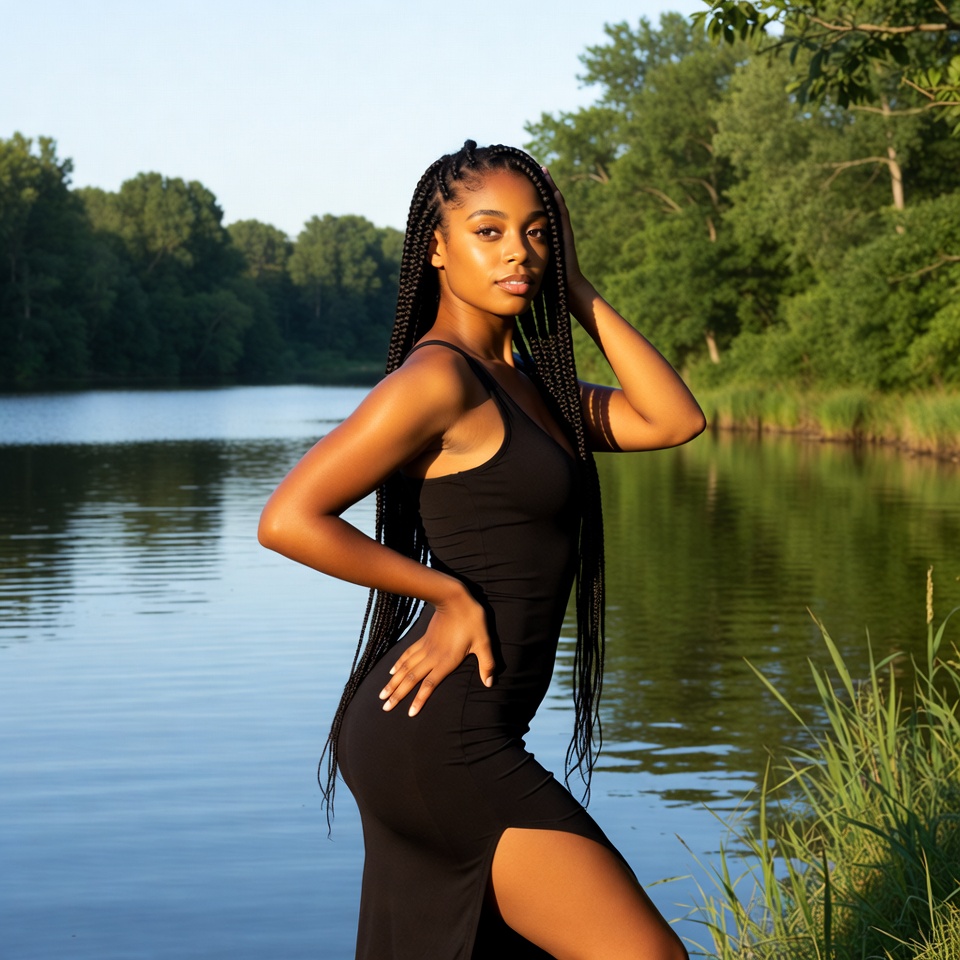 African-American woman posing by lake African-American woman posing by lake