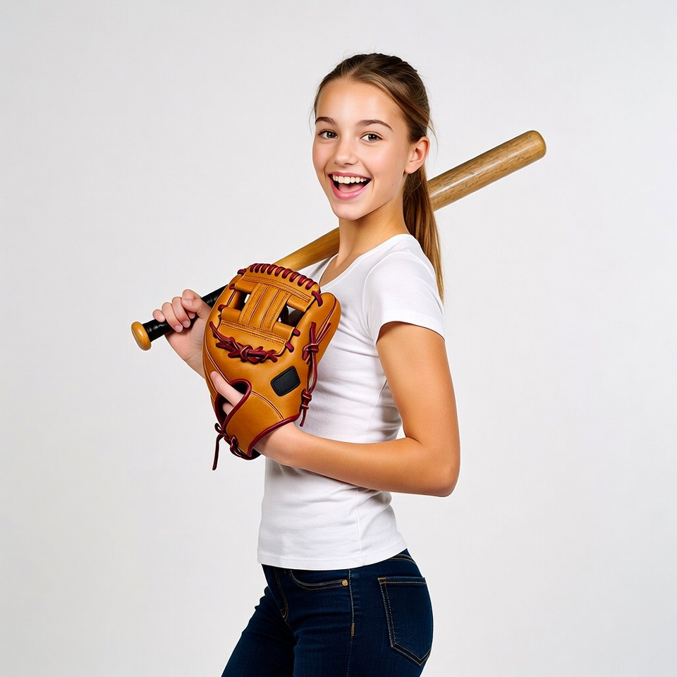 Girl holding baseball glove and bat Girl holding baseball glove and bat