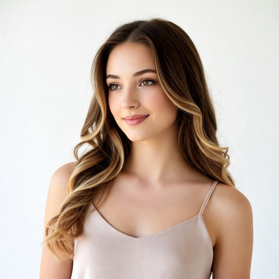 Smiling woman with wavy brown hair Smiling woman with wavy brown hair