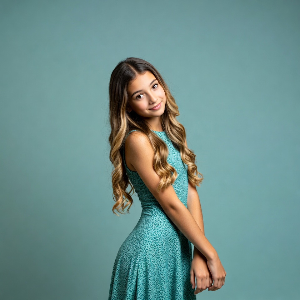 Teen girl in green dress smiling Teen girl in green dress smiling