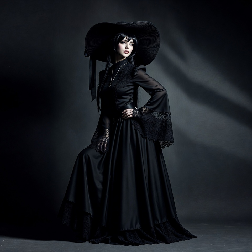 Woman in Black Gothic Dress and Hat Woman in Black Gothic Dress and Hat