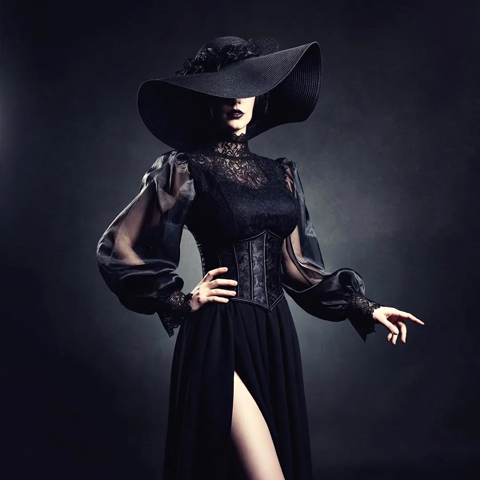 Woman in Black Wide-Brim Hat and Gothic Dress Woman in Black Wide-Brim Hat and Gothic Dress