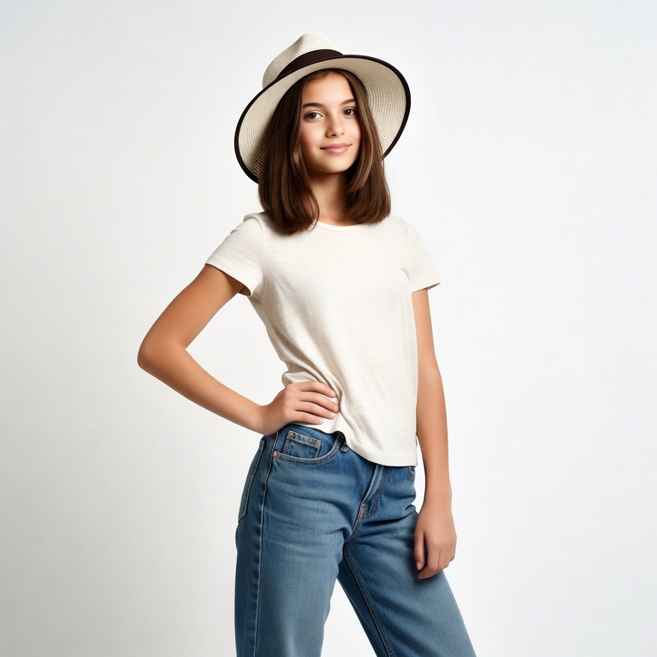 Girl wearing straw hat and jeans Girl wearing straw hat and jeans