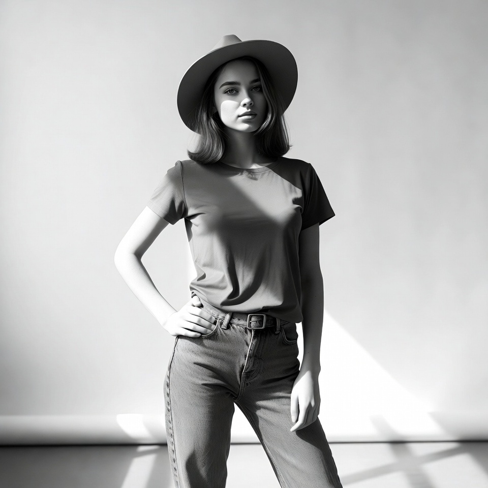 Woman in wide-brim hat posing Woman in wide-brim hat posing