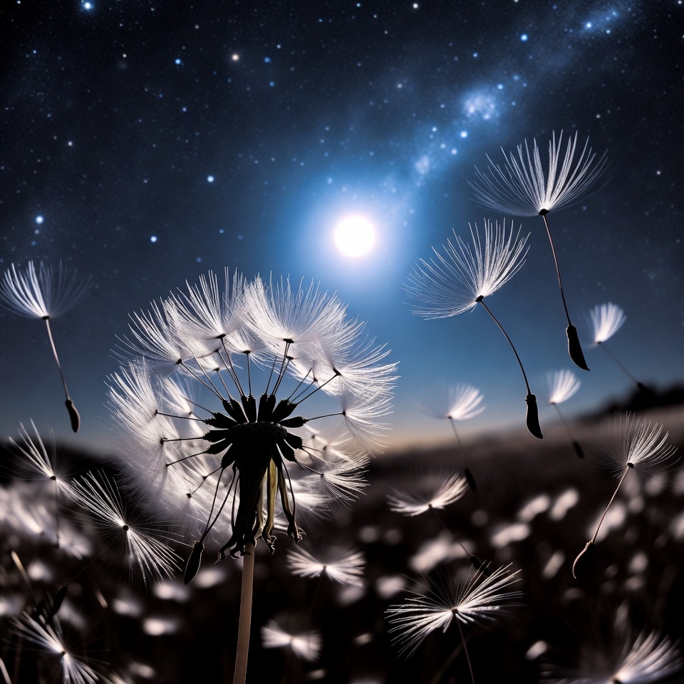 Dandelion with seeds under starry night sky Dandelion with seeds under starry night sky