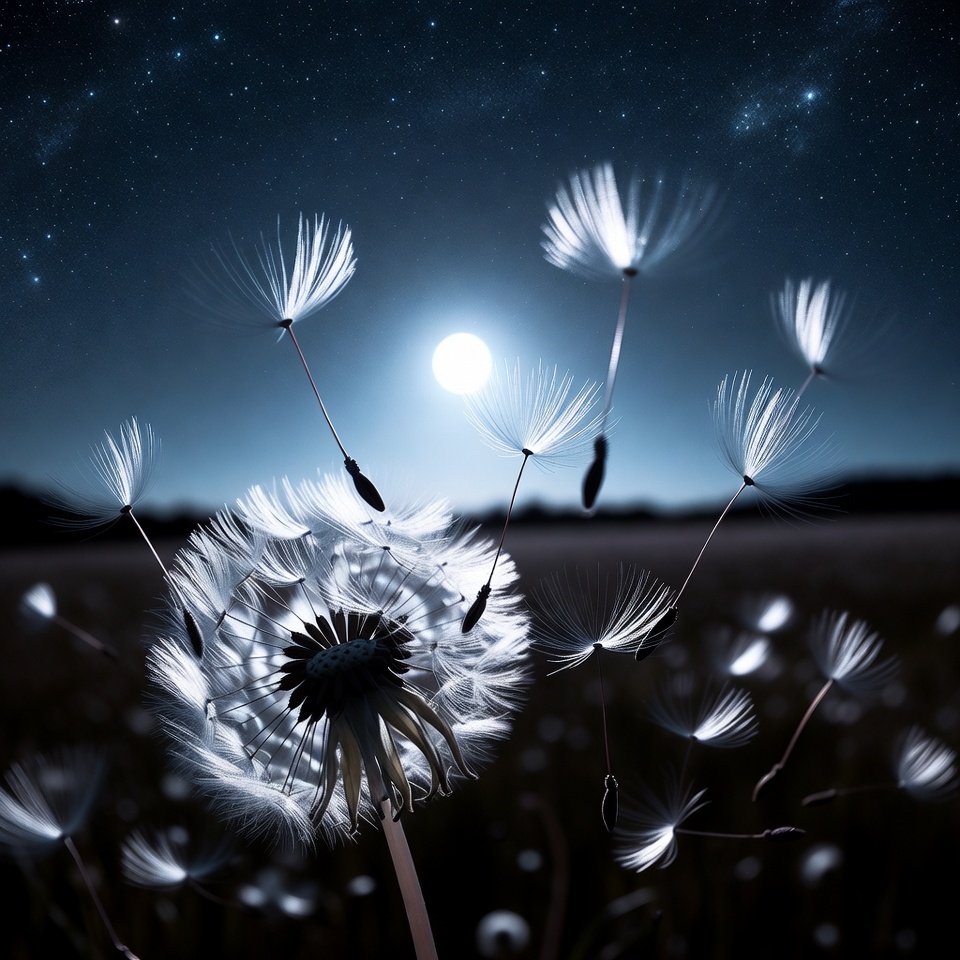 Dandelion seeds floating under moonlit sky Dandelion seeds floating under moonlit sky