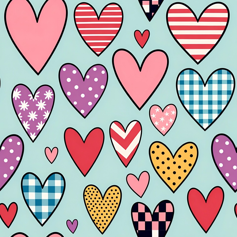 Colorful Patterned Hearts on Blue Background Colorful Patterned Hearts on Blue Background