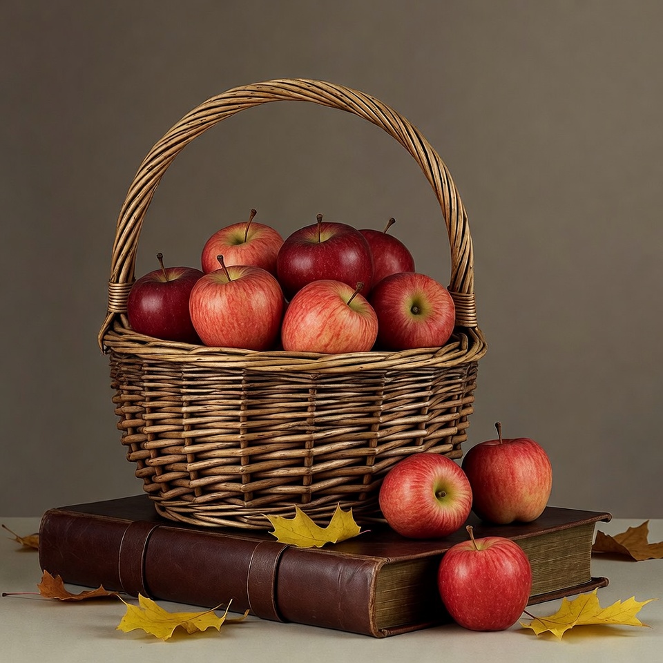 Red Apples in Wicker Basket on Books Red Apples in Wicker Basket on Books