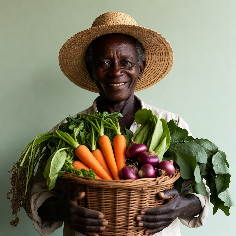 Elderly African man holding fresh vegetables Elderly African man holding fresh vegetables