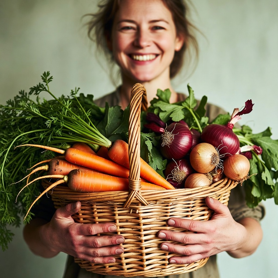 Smiling woman holding fresh vegetable basket Smiling woman holding fresh vegetable basket