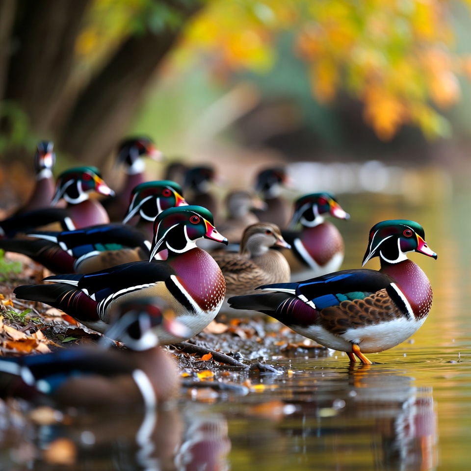 Wood Ducks by Autumn Waterside Wood Ducks by Autumn Waterside