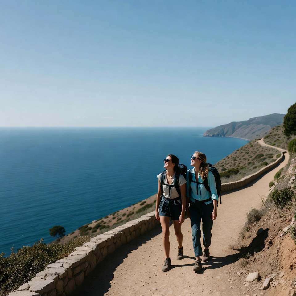 Two women hiking coastal trail Two women hiking coastal trail