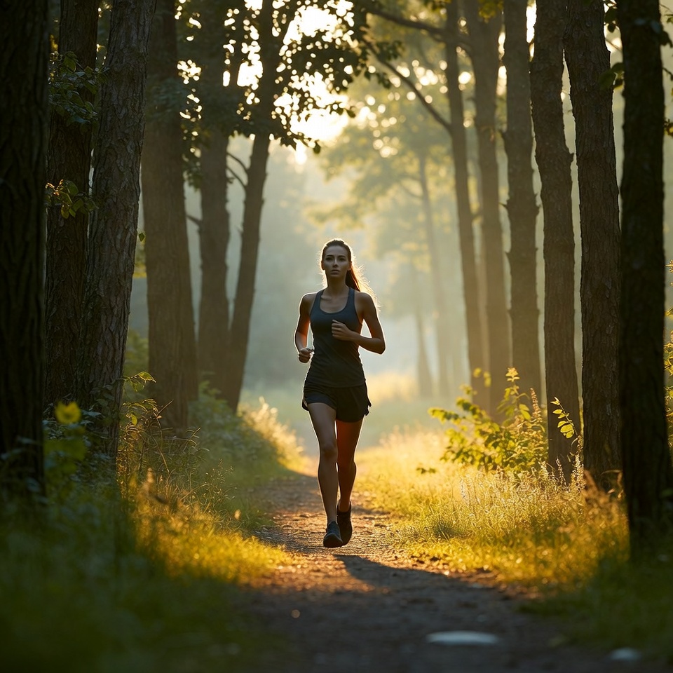 Woman running on forest trail Woman running on forest trail