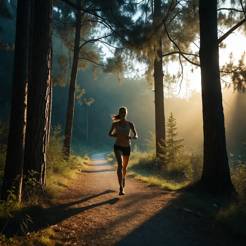 Woman running on forest trail Woman running on forest trail