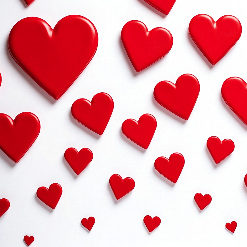 Red hearts scattered on white background Red hearts scattered on white background