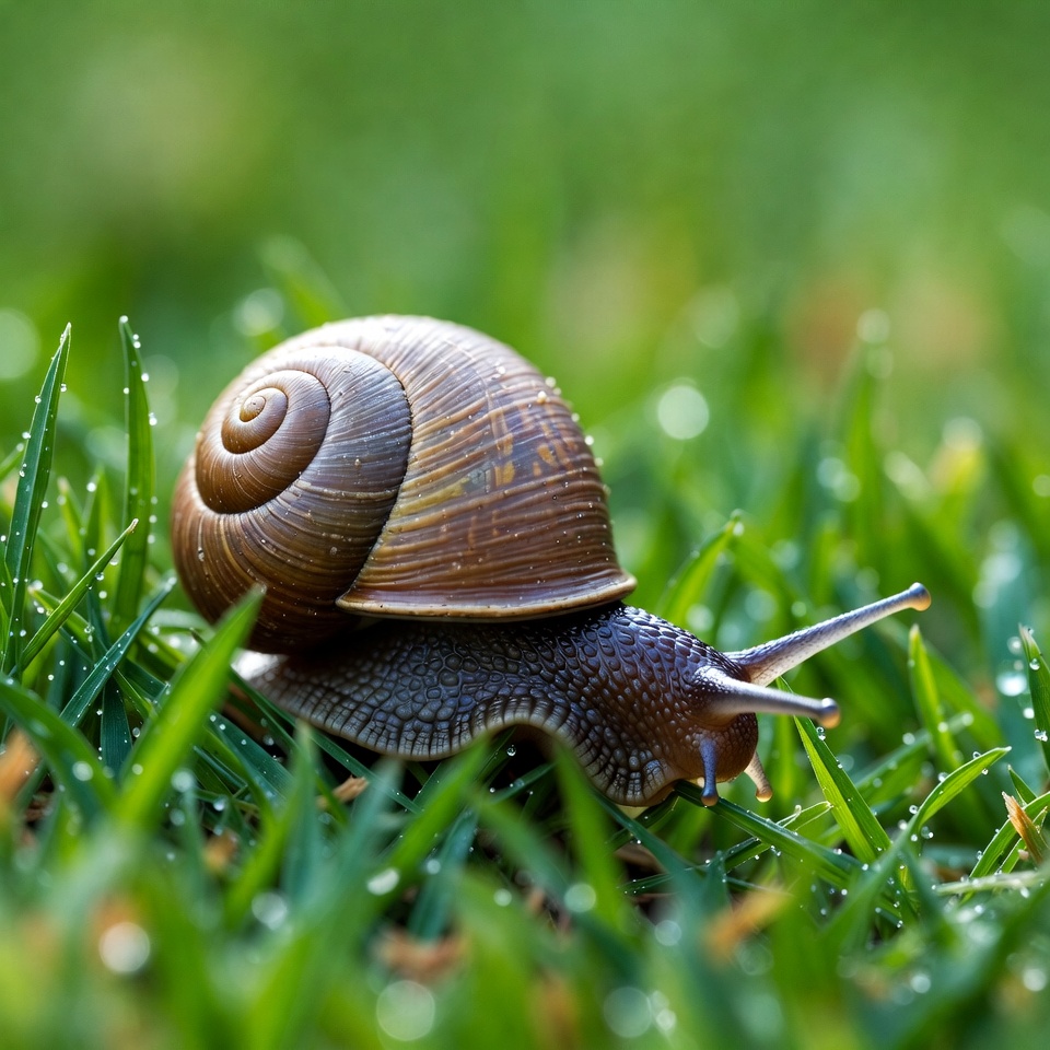 Snail crawling on wet grass Snail crawling on wet grass