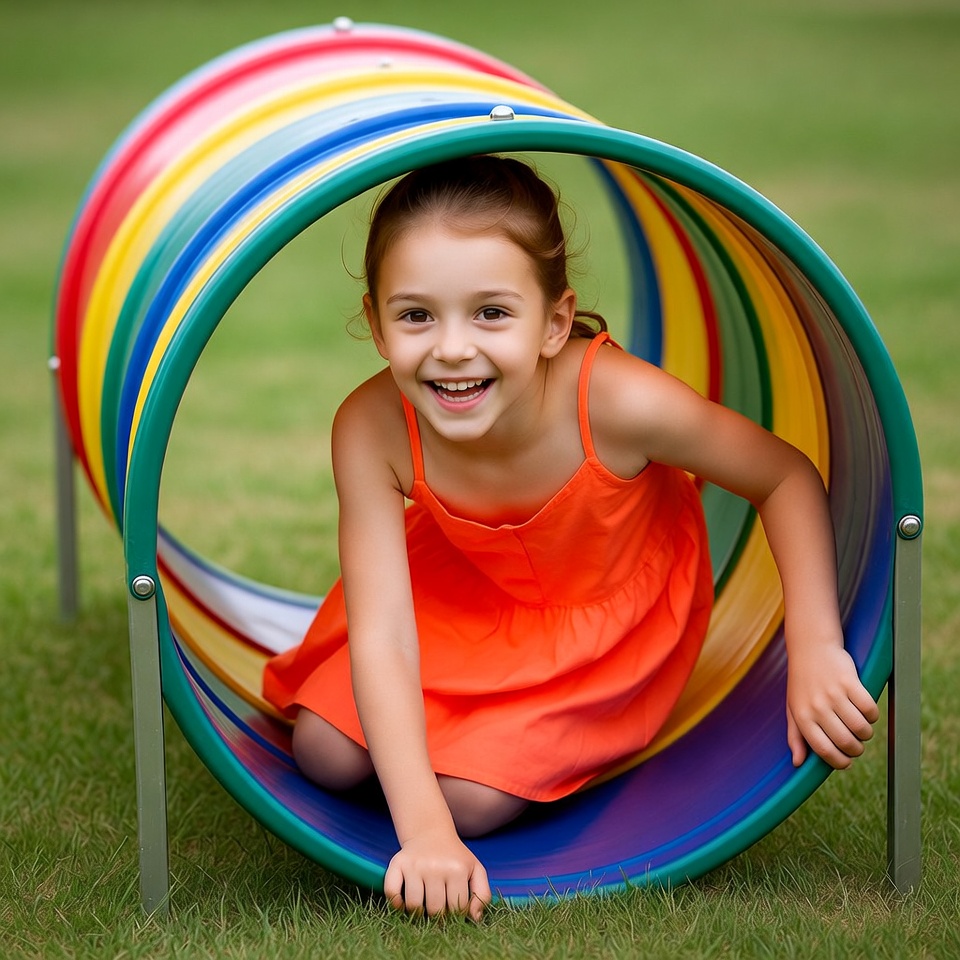 Girl crawling through colorful tunnel Girl crawling through colorful tunnel