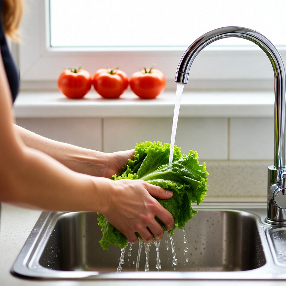 Woman washing lettuce under faucet Woman washing lettuce under faucet