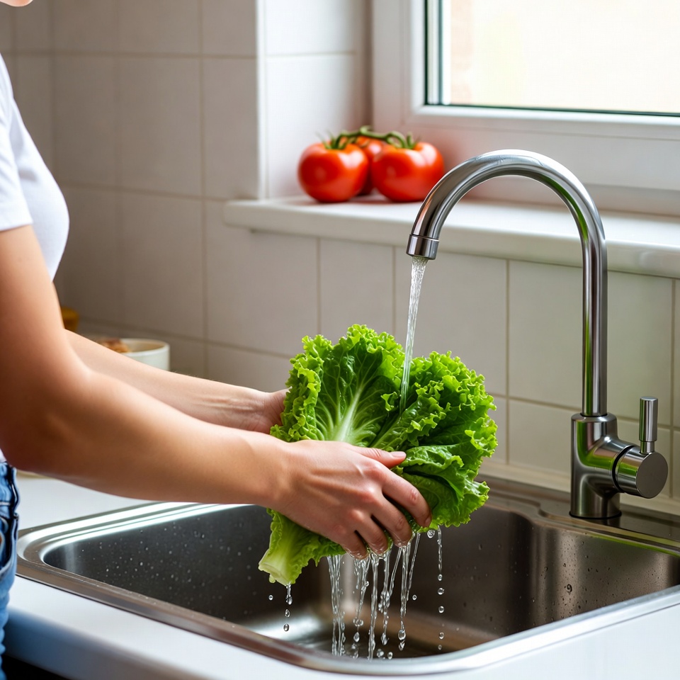Woman washing lettuce in kitchen sink Woman washing lettuce in kitchen sink