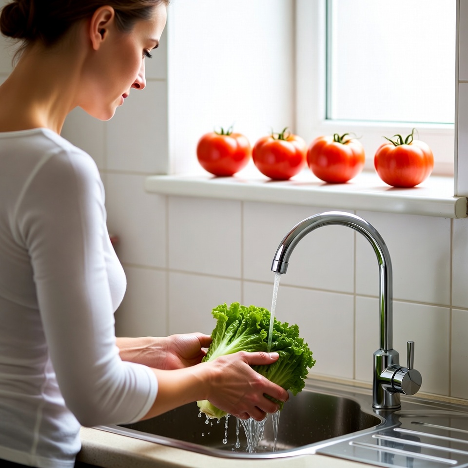 Woman washing lettuce in kitchen sink Woman washing lettuce in kitchen sink