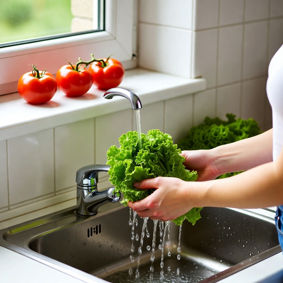 Woman washing lettuce in kitchen sink Woman washing lettuce in kitchen sink
