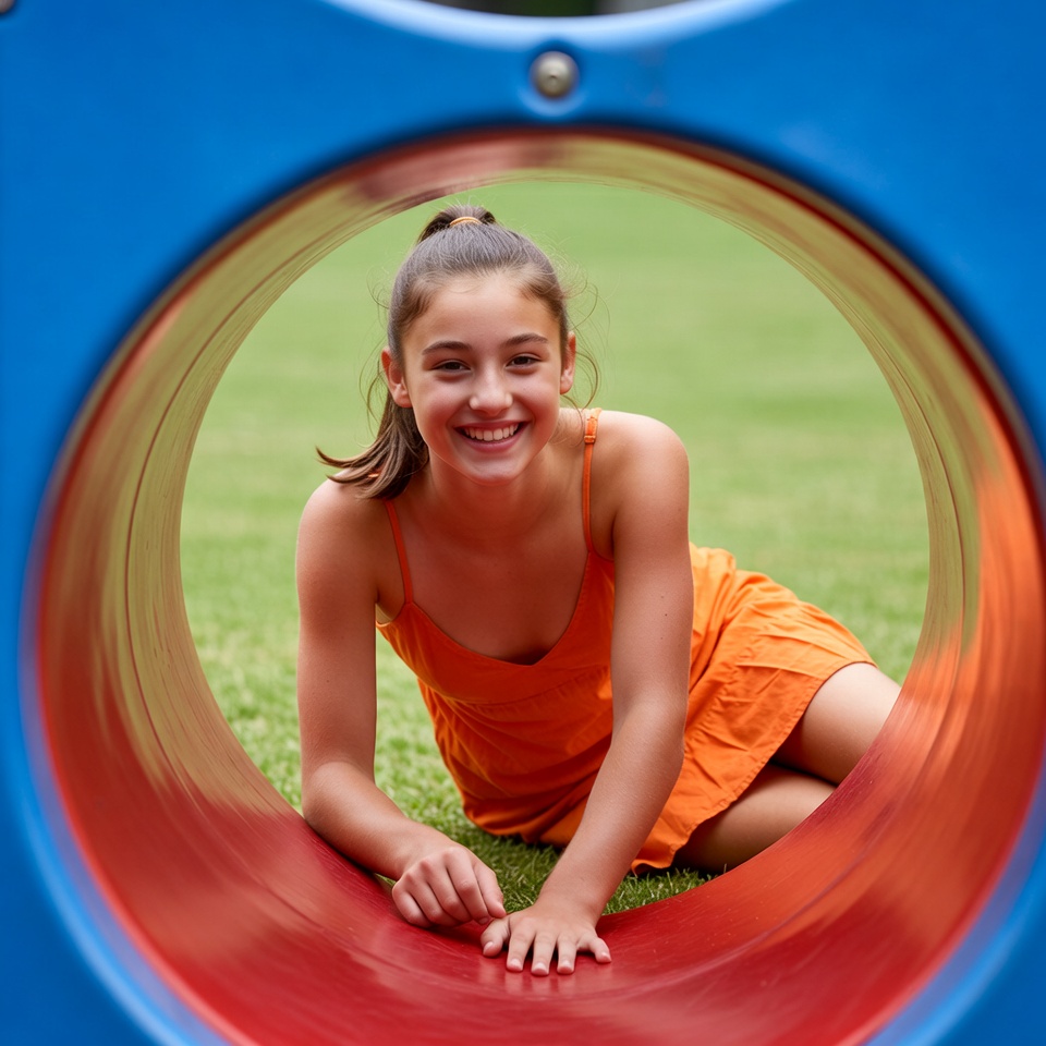 Girl smiling through blue playground tunnel Girl smiling through blue playground tunnel