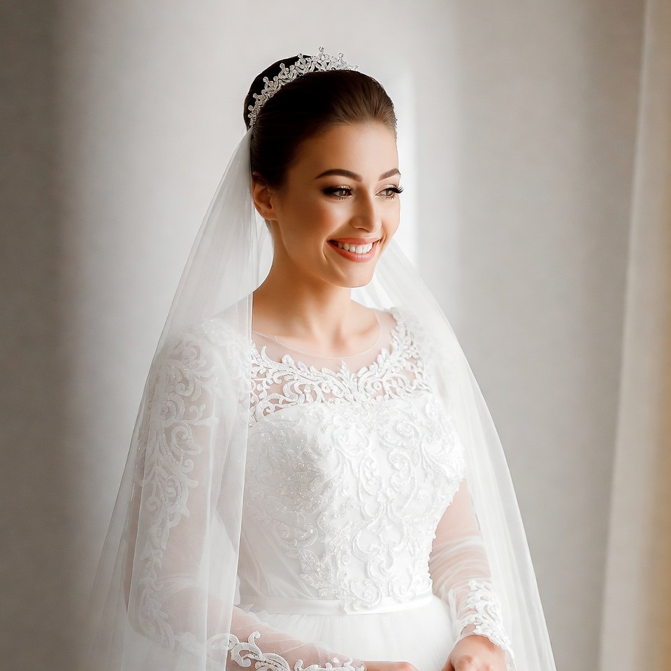 Bride in lace wedding gown smiling Bride in lace wedding gown smiling
