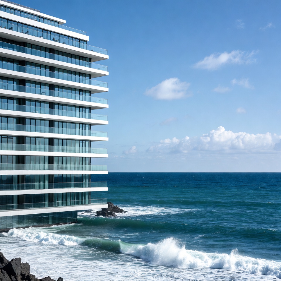 Modern white high-rise by ocean waves Modern white high-rise by ocean waves