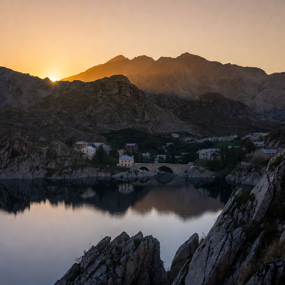 Sunset over mountain lake and stone bridge Sunset over mountain lake and stone bridge