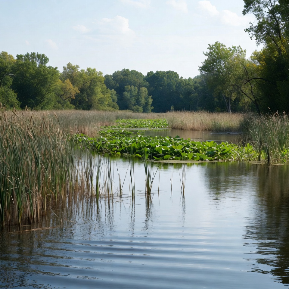 Serene Marsh with Lily Pads and Reeds Serene Marsh with Lily Pads and Reeds