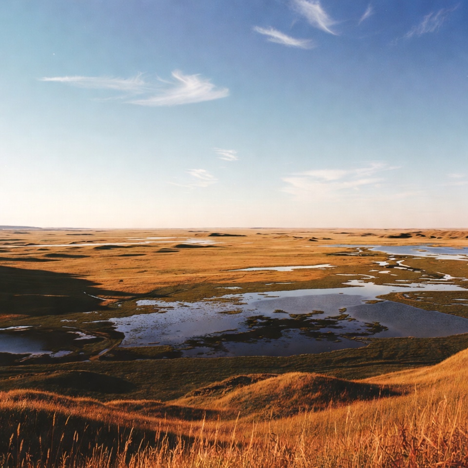Vast golden grasslands with ponds Vast golden grasslands with ponds