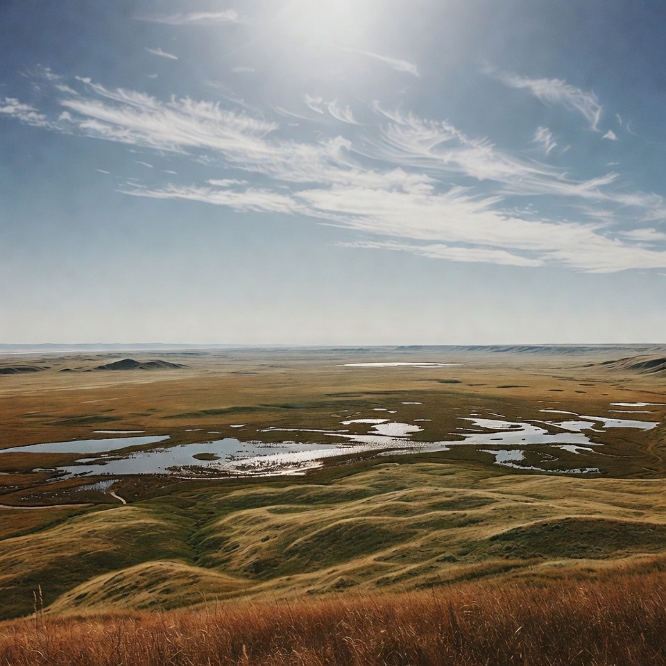 Vast Grassland with Ponds and Sun Vast Grassland with Ponds and Sun