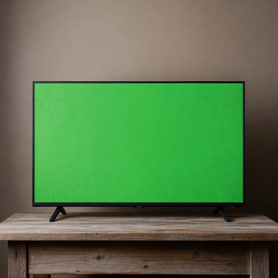 TV with Green Screen on Wooden Table TV with Green Screen on Wooden Table