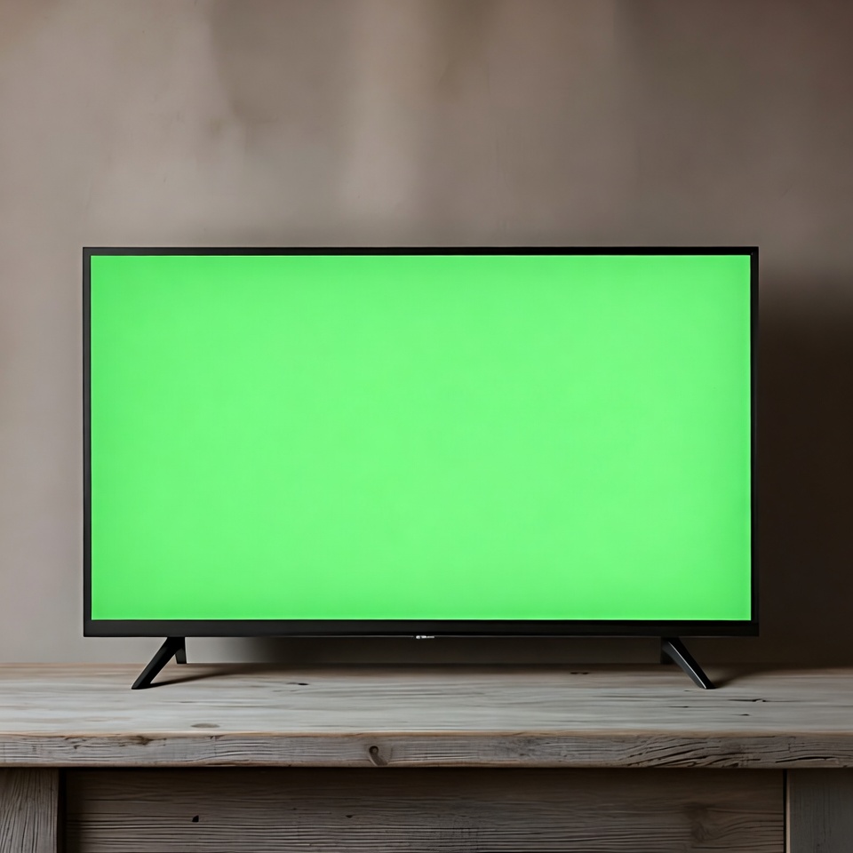 TV with Green Screen on Wooden Table TV with Green Screen on Wooden Table