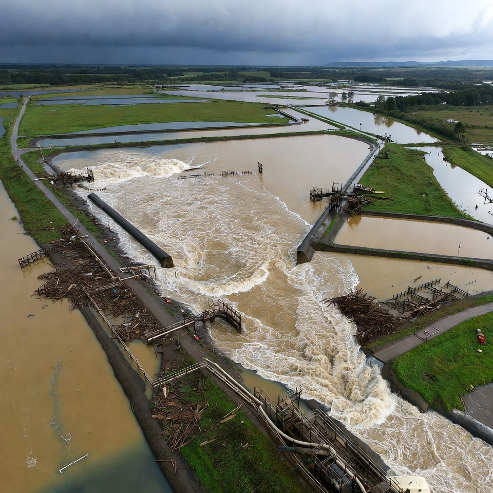Flooded rice paddies with overflowing water Flooded rice paddies with overflowing water