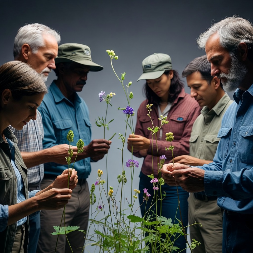 Group examining wildflowers closely Group examining wildflowers closely