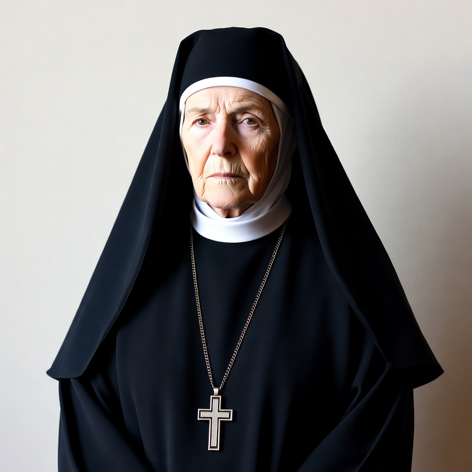 Elderly nun wearing habit and cross Elderly nun wearing habit and cross
