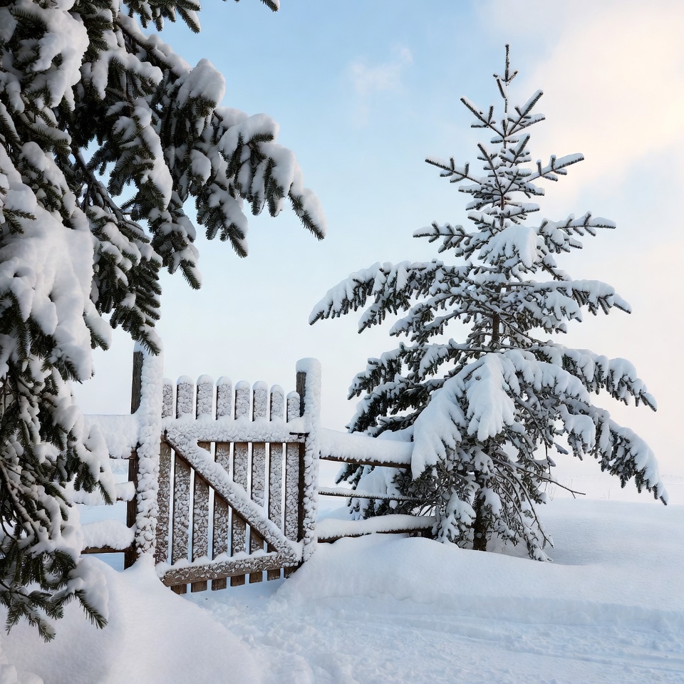 Snowy Wooden Gate in Winter Forest Snowy Wooden Gate in Winter Forest