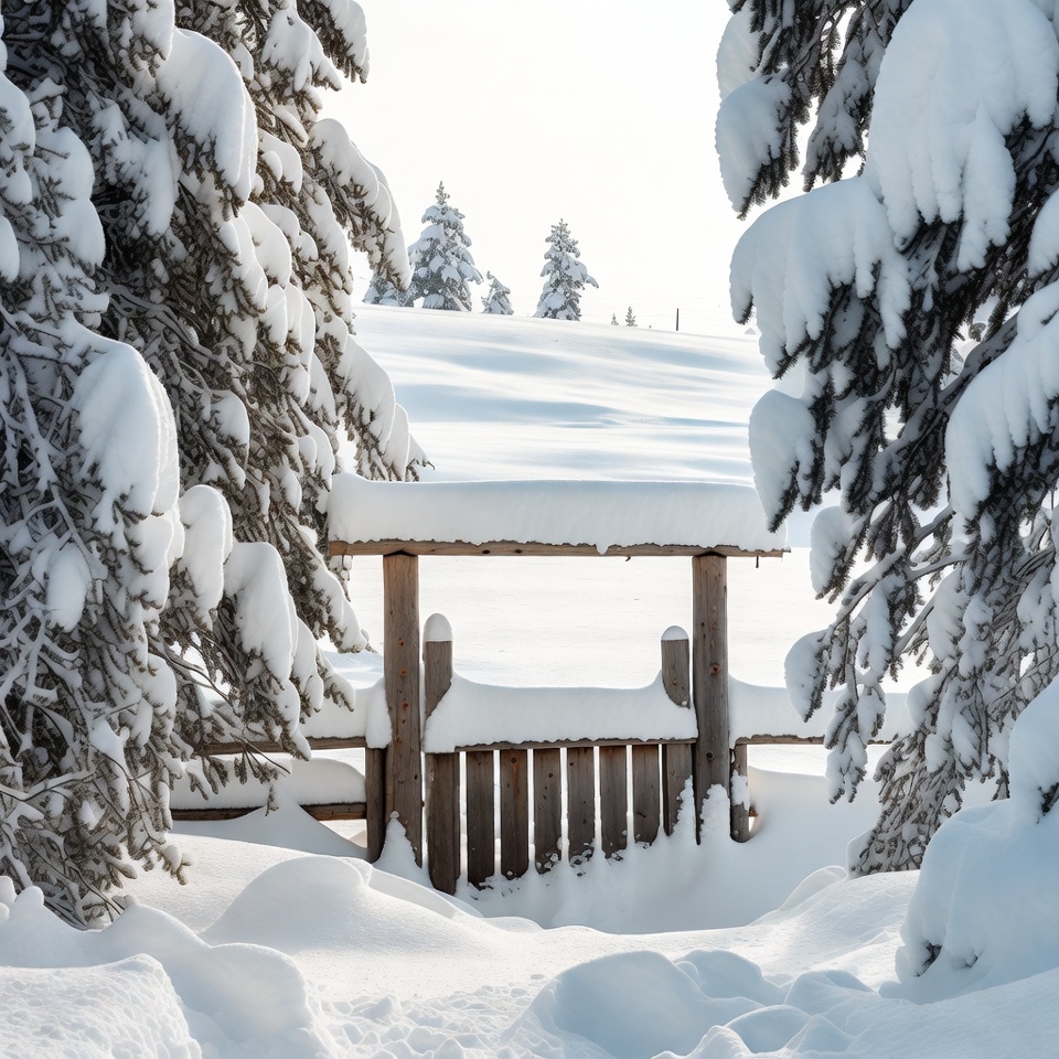 Snowy Wooden Gate in Forest Snowy Wooden Gate in Forest