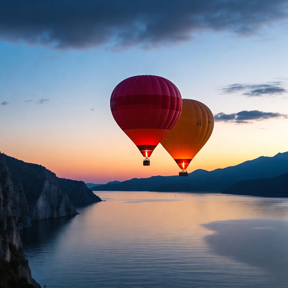 Red and Orange Hot Air Balloons over Lake Red and Orange Hot Air Balloons over Lake