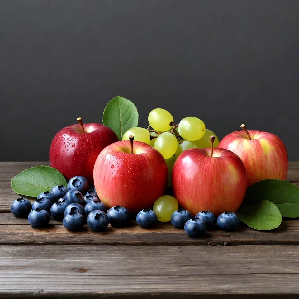 Red Apples Grapes Blueberries on Wood Red Apples Grapes Blueberries on Wood