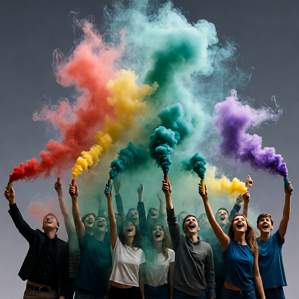 Group holding rainbow smoke bombs Group holding rainbow smoke bombs