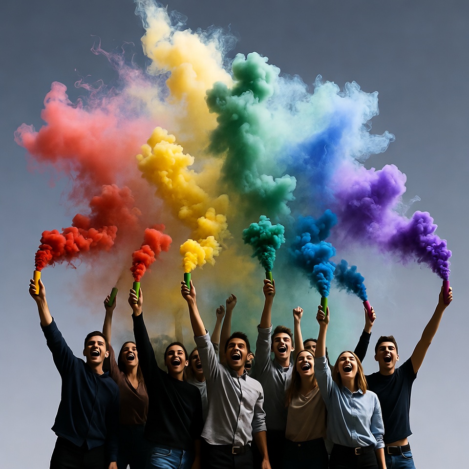 Group celebrating with rainbow smoke bombs Group celebrating with rainbow smoke bombs