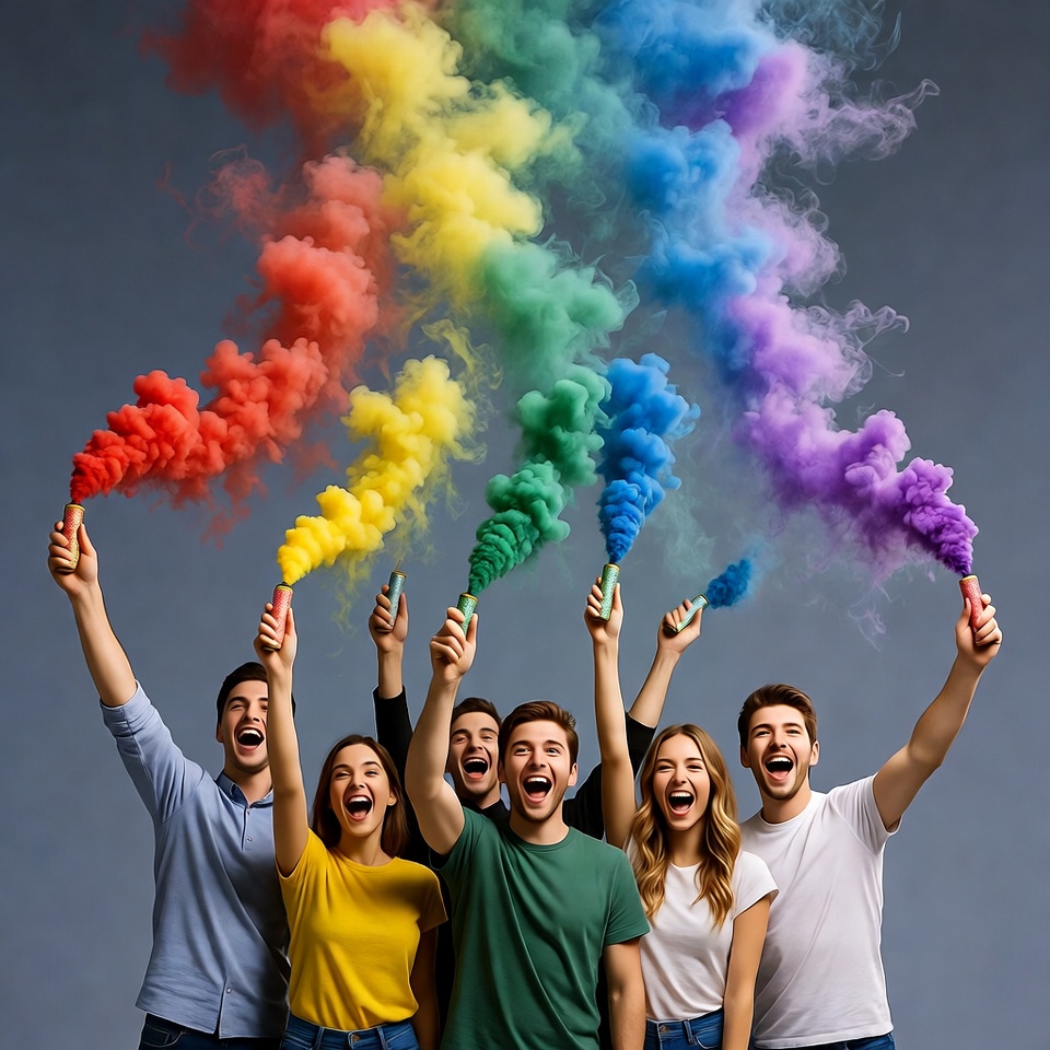 Group holding rainbow smoke bombs Group holding rainbow smoke bombs