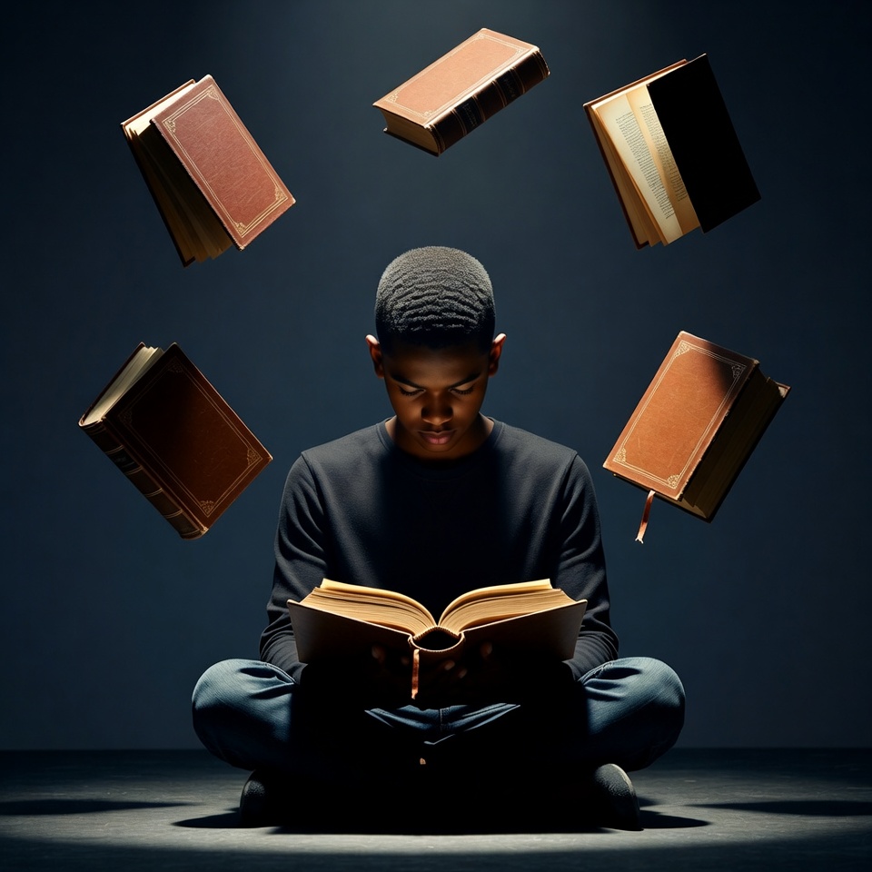 African-American young man reading with floating books African-American young man reading with floating books